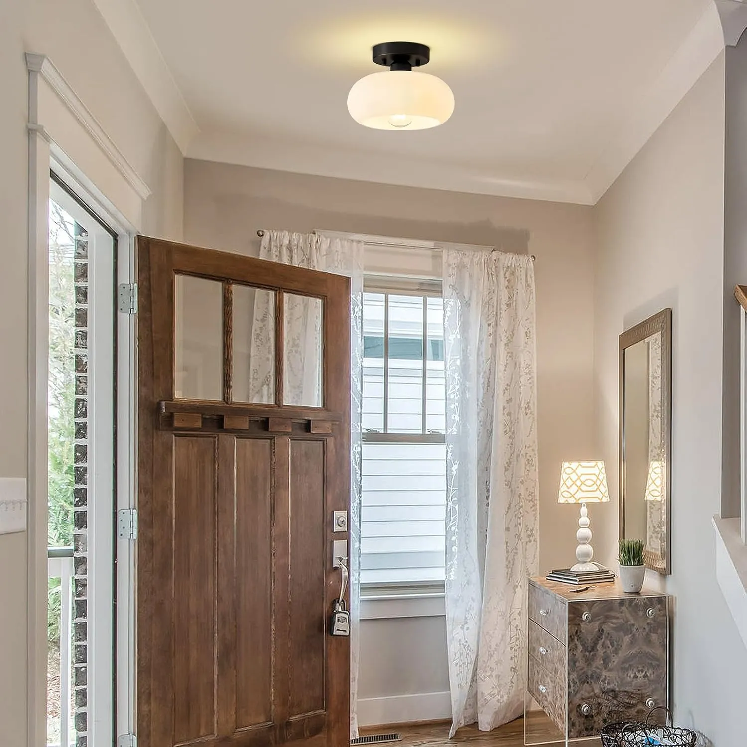 Mid-Century Modern Semi Flush Mount Ceiling Light, Metal Kitchen Light Fixture with Glass Shade,Vintage White and Black Colse to Ceiling Lamp for Entryway Hallway Bathroom (8.66 Inch)