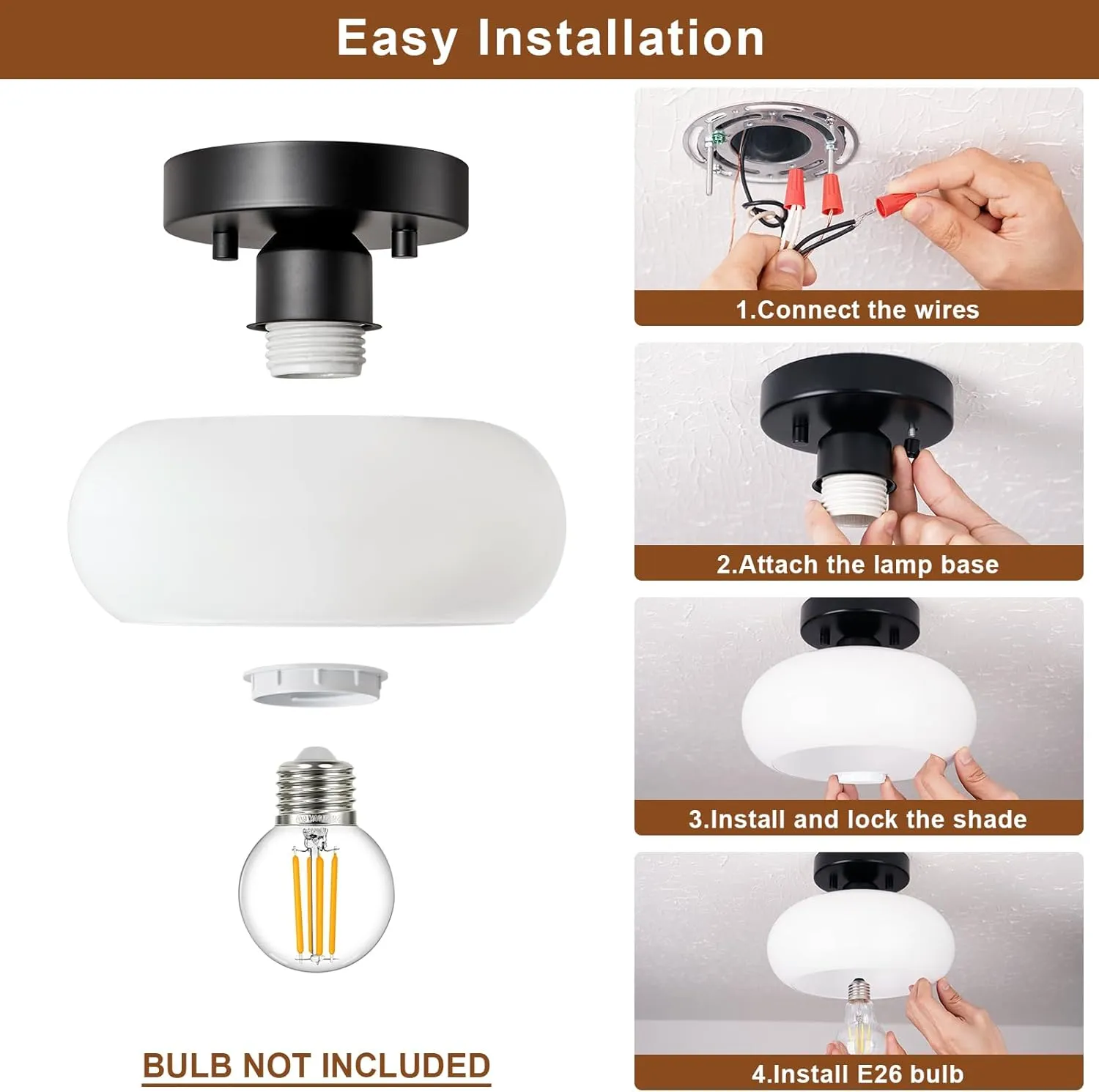 Mid-Century Modern Semi Flush Mount Ceiling Light, Metal Kitchen Light Fixture with Glass Shade,Vintage White and Black Colse to Ceiling Lamp for Entryway Hallway Bathroom (8.66 Inch)