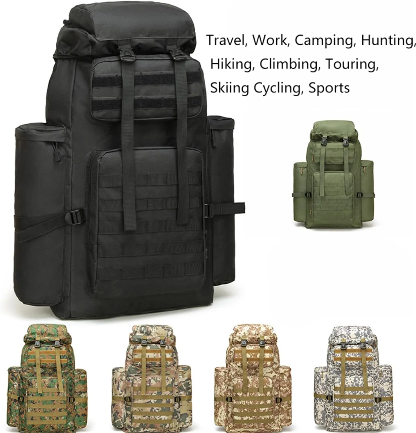 Military Tactical Backpack for Men, 100L Waterproof Camping Hiking Travel Hunting Daypack, Heavy Duty, Adjustable Straps (Green)