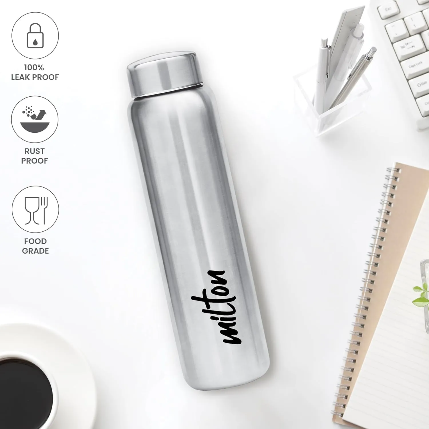 MILTON Aqua 1000 Stainless Steel Water Bottle, 950 ml, Silver | Leak Proof | Office Bottle | Gym Bottle | Home | Kitchen | Hiking | Treking Bottle | Travel Bottle