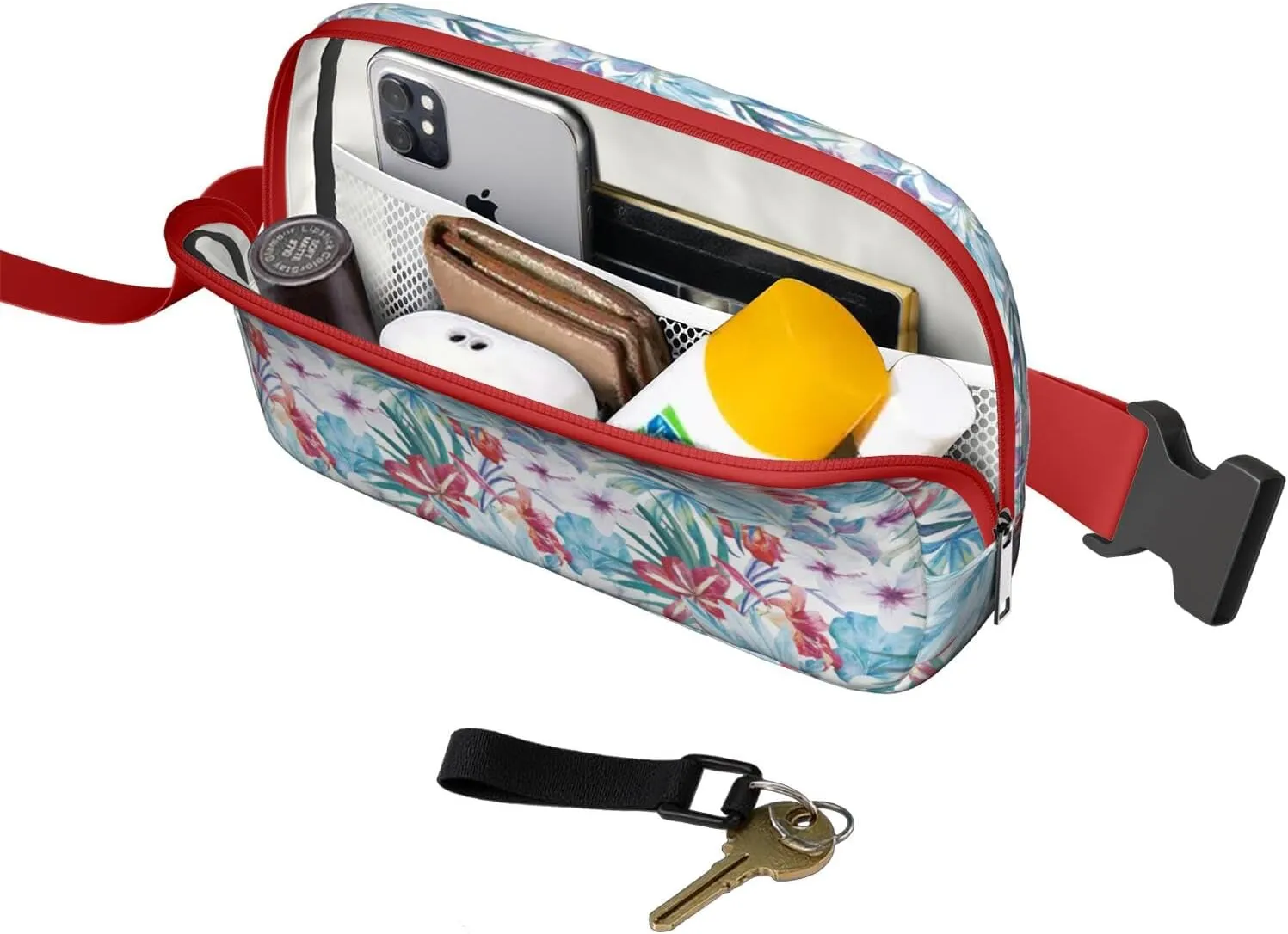 Mini Belt Bag for Men Women Tropical Leaf Floral Waist Packs Crossbody Bags Adjustable Strap for Hiking Cycling Sports