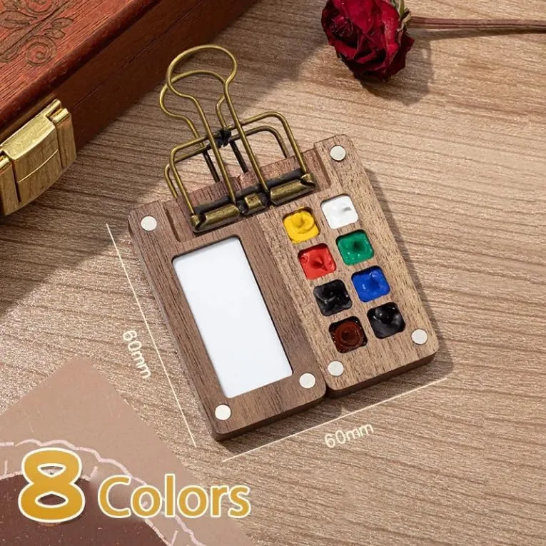 Mini Watercolor Kit，Travel Watercolor Kit with Contains Pigments，Compact Wooden Grid Paint Box，Suitable for Artists, Beginners and Professionals (1PC-8Color)