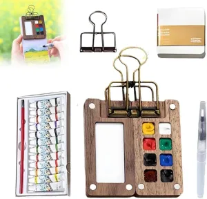 Mini Watercolor Kit，Travel Watercolor Kit with Contains Pigments，Compact Wooden Grid Paint Box，Suitable for Artists, Beginners and Professionals (1PC-8Color)