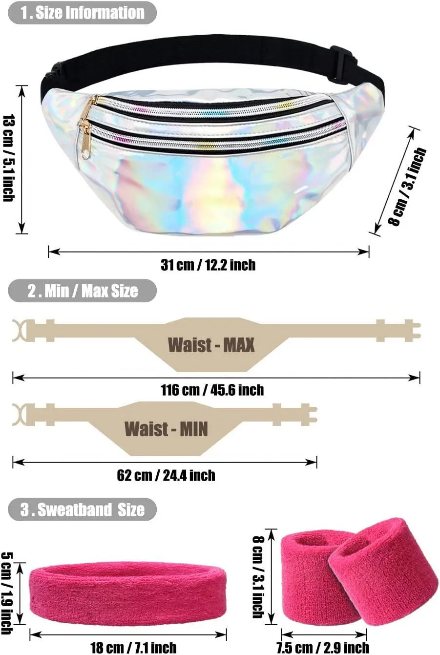 MiranaTech 80s 90s Women Waist Pack with Sweatband Sets, Men Silver Fashion PU Leather Fanny Pack, Retro Party Waist Bag, Hip Bag for Fitness, Running and Traveling