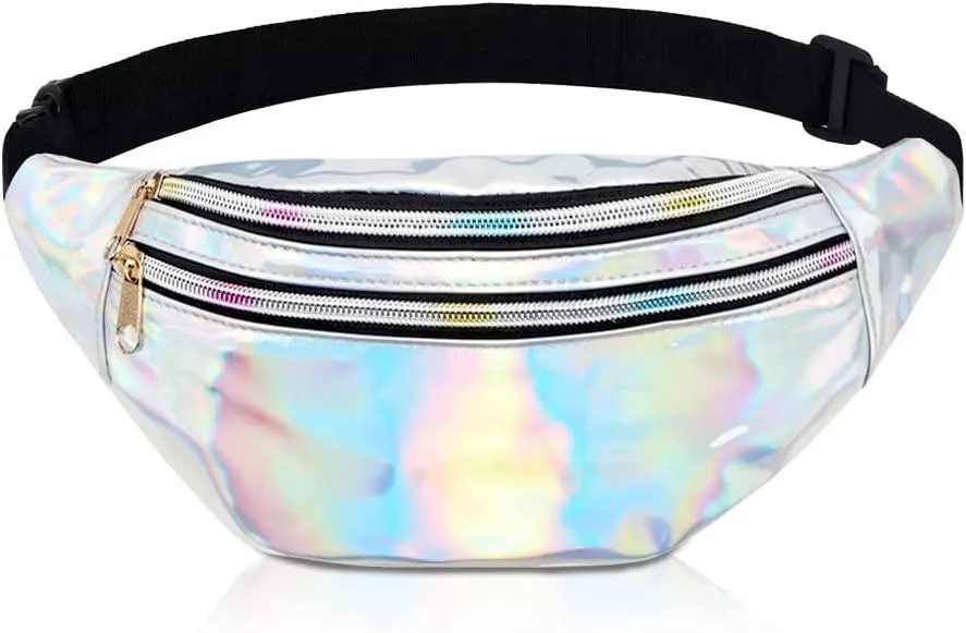MiranaTech 80s 90s Women Waist Pack with Sweatband Sets, Men Silver Fashion PU Leather Fanny Pack, Retro Party Waist Bag, Hip Bag for Fitness, Running and Traveling