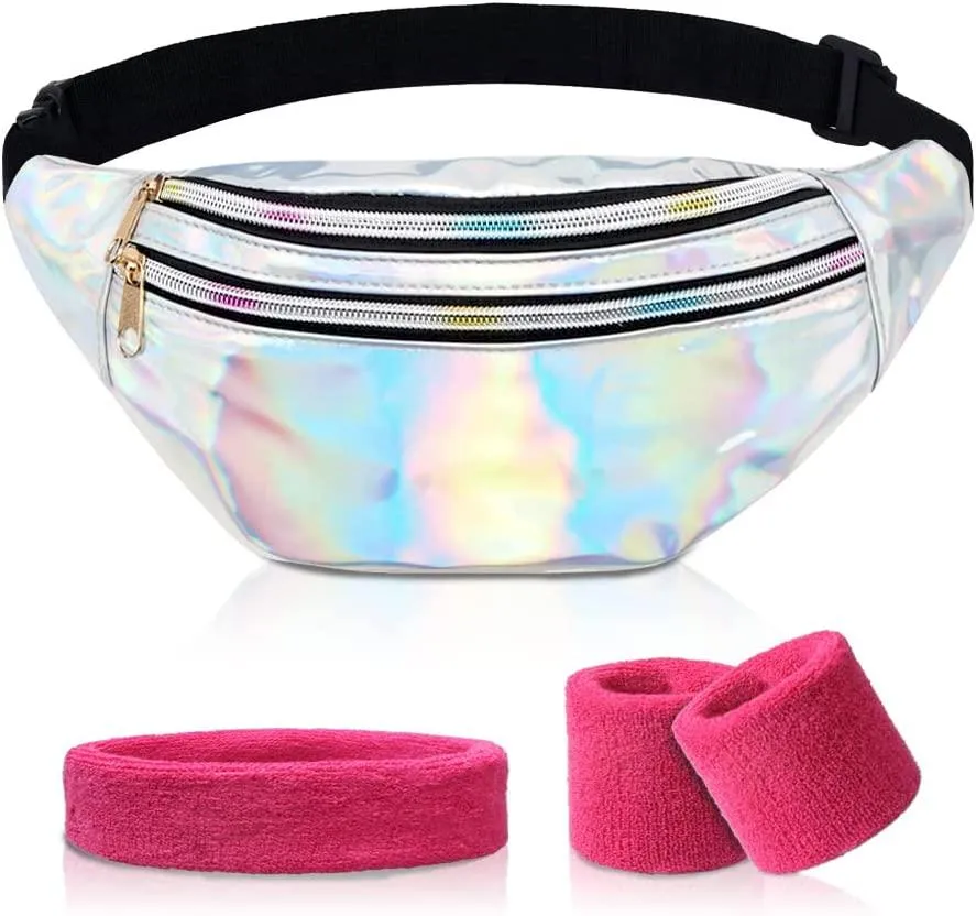 MiranaTech 80s 90s Women Waist Pack with Sweatband Sets, Men Silver Fashion PU Leather Fanny Pack, Retro Party Waist Bag, Hip Bag for Fitness, Running and Traveling