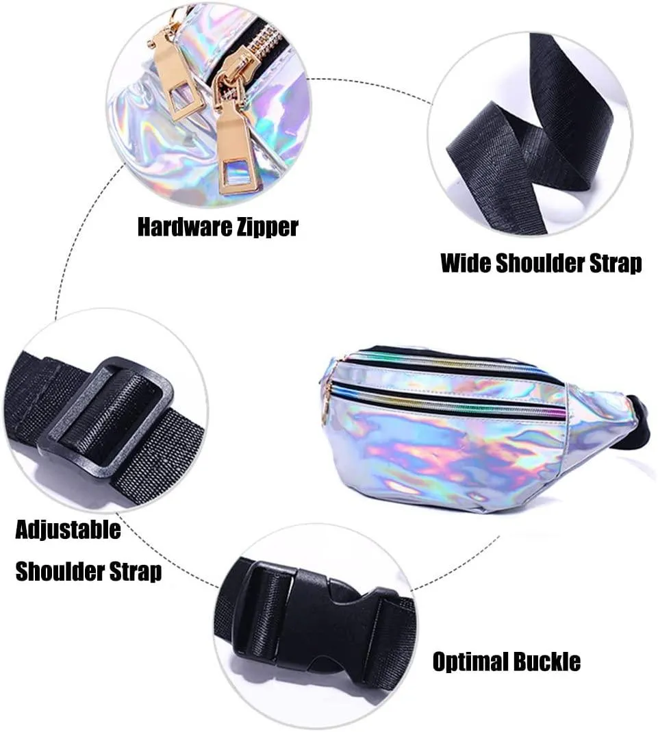 MiranaTech 80s 90s Women Waist Pack with Sweatband Sets, Men Silver Fashion PU Leather Fanny Pack, Retro Party Waist Bag, Hip Bag for Fitness, Running and Traveling
