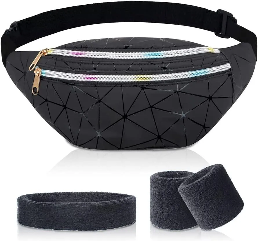 MiranaTech 80s 90s Women Waist Pack with Sweatband Sets, Men Silver Fashion PU Leather Fanny Pack, Retro Party Waist Bag, Hip Bag for Fitness, Running and Traveling