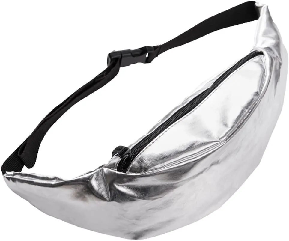 MiranaTech 80s 90s Women Waist Pack with Sweatband Sets, Men Silver Fashion PU Leather Fanny Pack, Retro Party Waist Bag, Hip Bag for Fitness, Running and Traveling