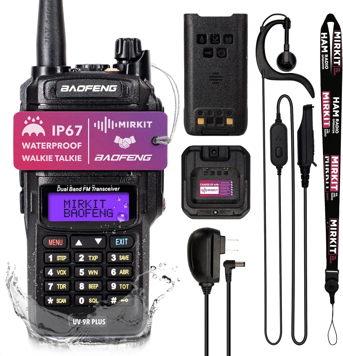 Mirkit Waterproof Baofeng Radio UV-9R Plus MK1 (UV-82 3rd Gen) 8 W VHF/UHF 144-148/420-450MHz Walkie Talkie with 2200mAh Battery & Programming Cable. IP67 Handheld Radio: Dust, Cold, Waterproof