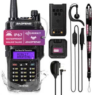 Mirkit Waterproof Baofeng Radio UV-9R Plus MK1 (UV-82 3rd Gen) 8 W VHF/UHF 144-148/420-450MHz Walkie Talkie with 2200mAh Battery & Programming Cable. IP67 Handheld Radio: Dust, Cold, Waterproof