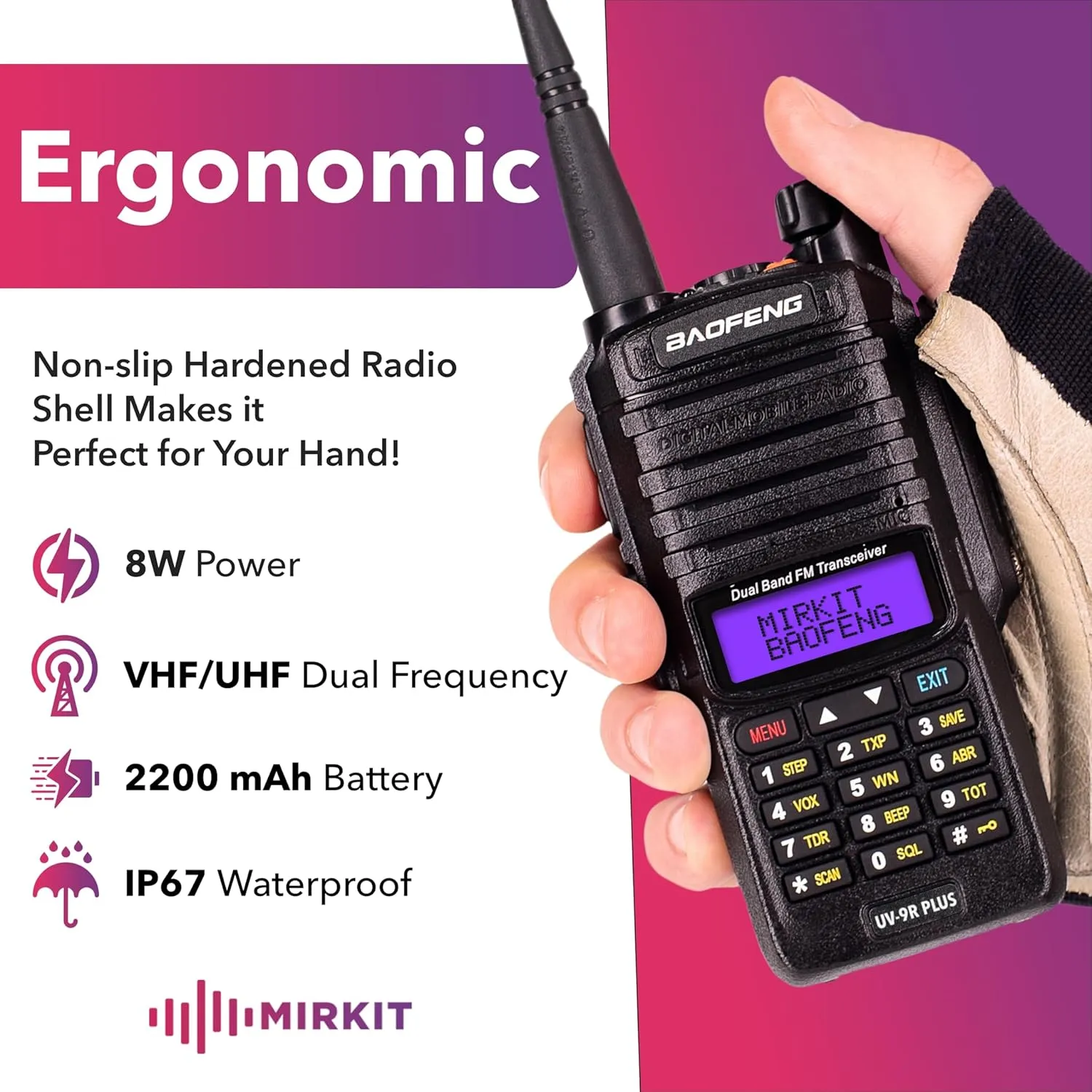 Mirkit Waterproof Baofeng Radio UV-9R Plus MK1 (UV-82 3rd Gen) 8 W VHF/UHF 144-148/420-450MHz Walkie Talkie with 2200mAh Battery & Programming Cable. IP67 Handheld Radio: Dust, Cold, Waterproof
