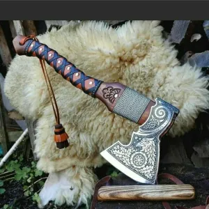 MJ Custom Forged Carbon Steel Viking Axe with Rose Wood Shaft, Viking Bearded Camping Axe, Tomhawk Ready Battle Axe, Black