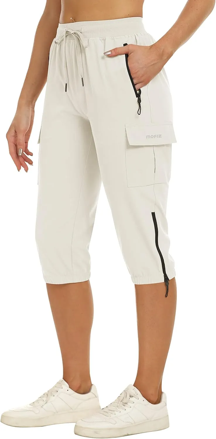 MoFiz Women's Capris Cargo Hiking Pants Lightweight Quick Dry Outdoor Athletic Running Sports Travel Summer Zipper Pockets