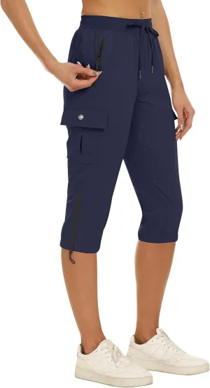 MoFiz Women's Capris Cargo Hiking Pants Lightweight Quick Dry Outdoor Athletic Running Sports Travel Summer Zipper Pockets