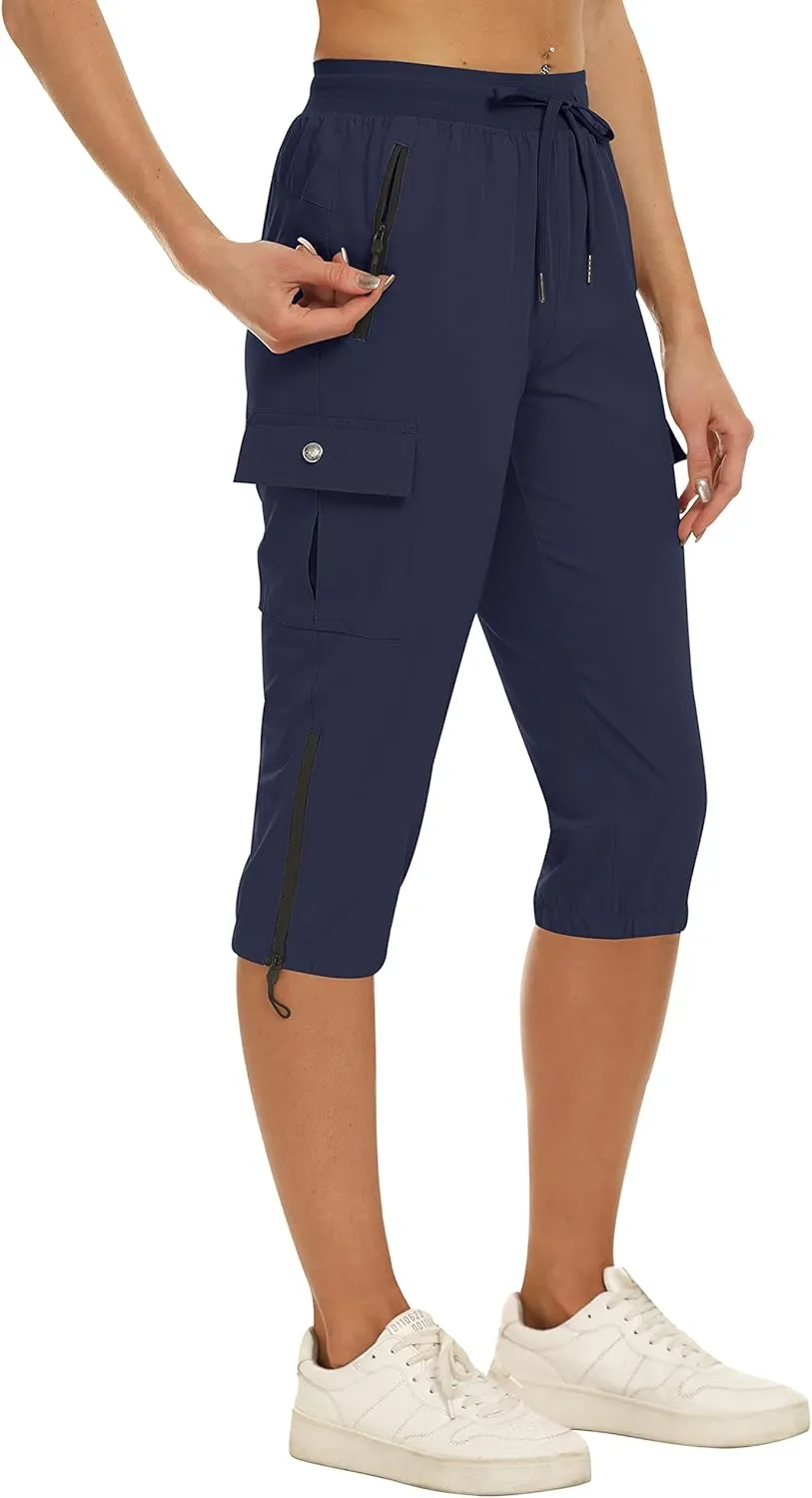 MoFiz Women's Capris Cargo Hiking Pants Lightweight Quick Dry Outdoor Athletic Running Sports Travel Summer Zipper Pockets