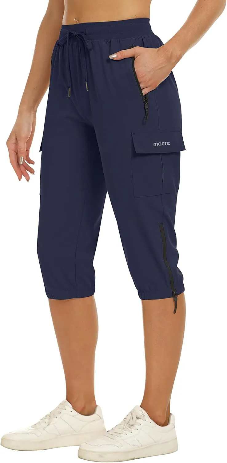 MoFiz Women's Capris Cargo Hiking Pants Lightweight Quick Dry Outdoor Athletic Running Sports Travel Summer Zipper Pockets