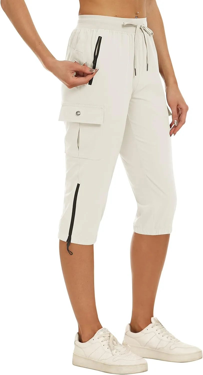 MoFiz Women's Capris Cargo Hiking Pants Lightweight Quick Dry Outdoor Athletic Running Sports Travel Summer Zipper Pockets