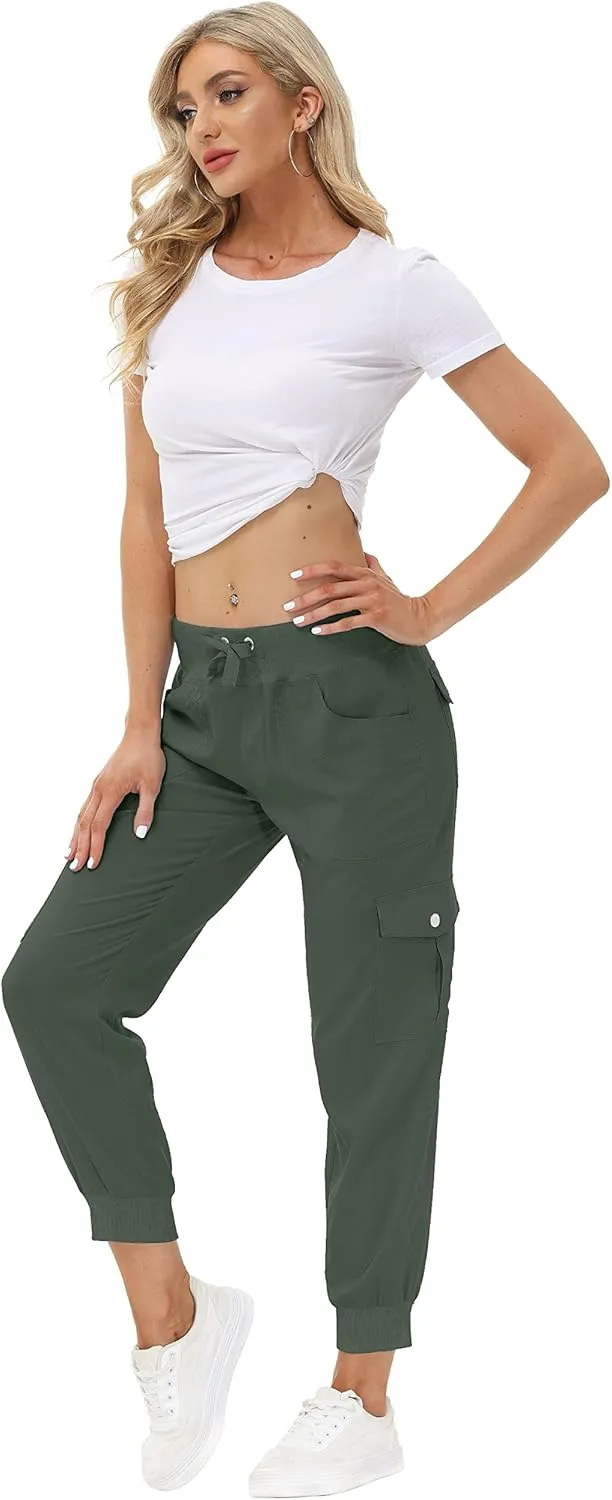 MoFiz Women's Lightweight Hiking Cargo Pants Outdoor Quick Dry Casual Travel Sweatpants Joggers Elastic Waist Button Pockets