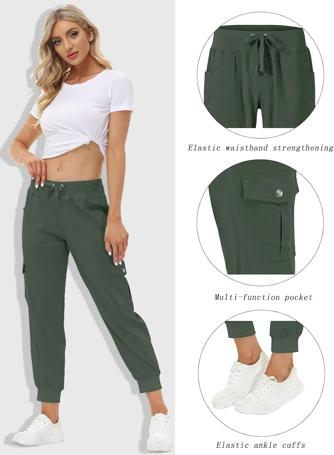 MoFiz Women's Lightweight Hiking Cargo Pants Outdoor Quick Dry Casual Travel Sweatpants Joggers Elastic Waist Button Pockets