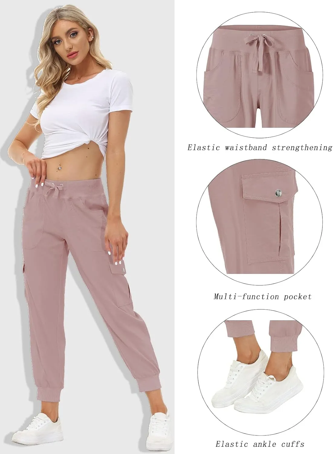MoFiz Women's Lightweight Hiking Cargo Pants Outdoor Quick Dry Casual Travel Sweatpants Joggers Elastic Waist Button Pockets