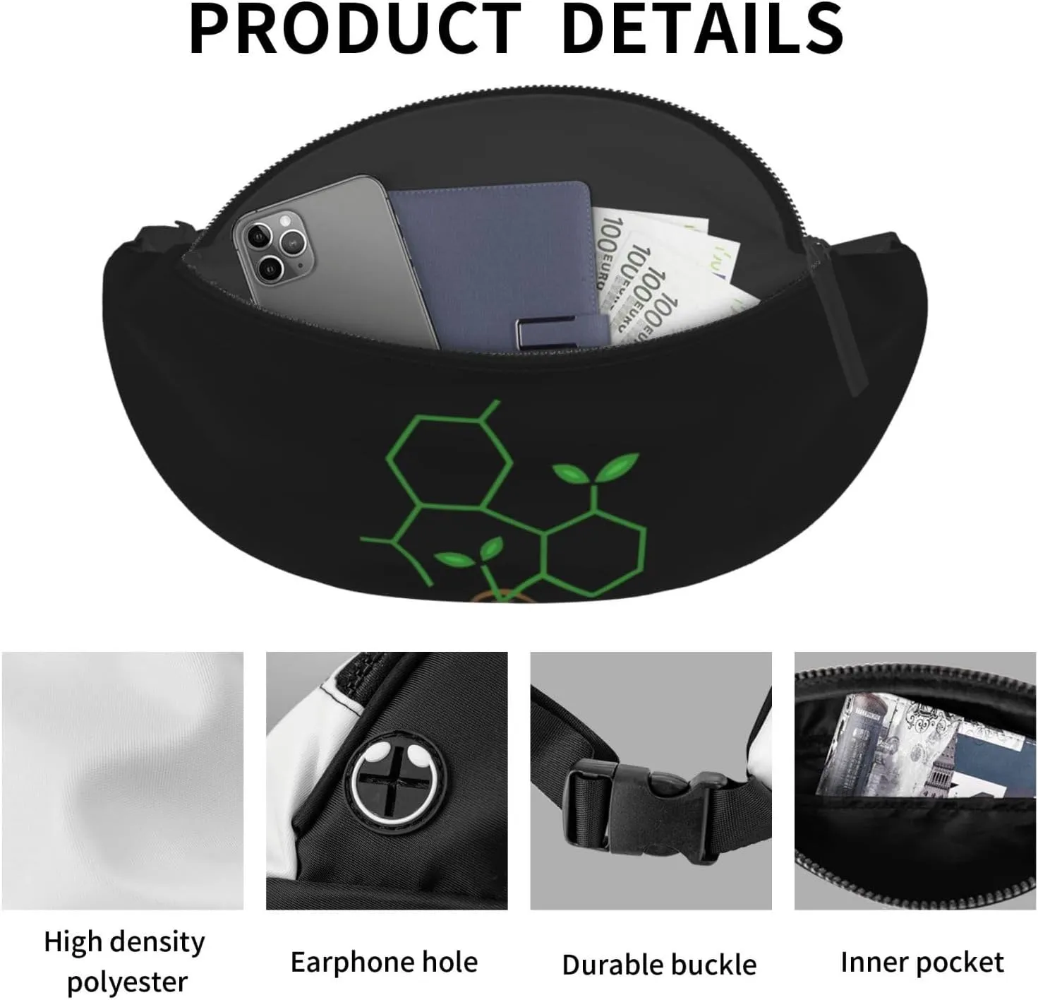 Molecule Cannabis Sprout Unisex Adjustable Leisure Waist Bag Outdoor Sports Running Waist Bag Business Travel Mobile Phone Bag