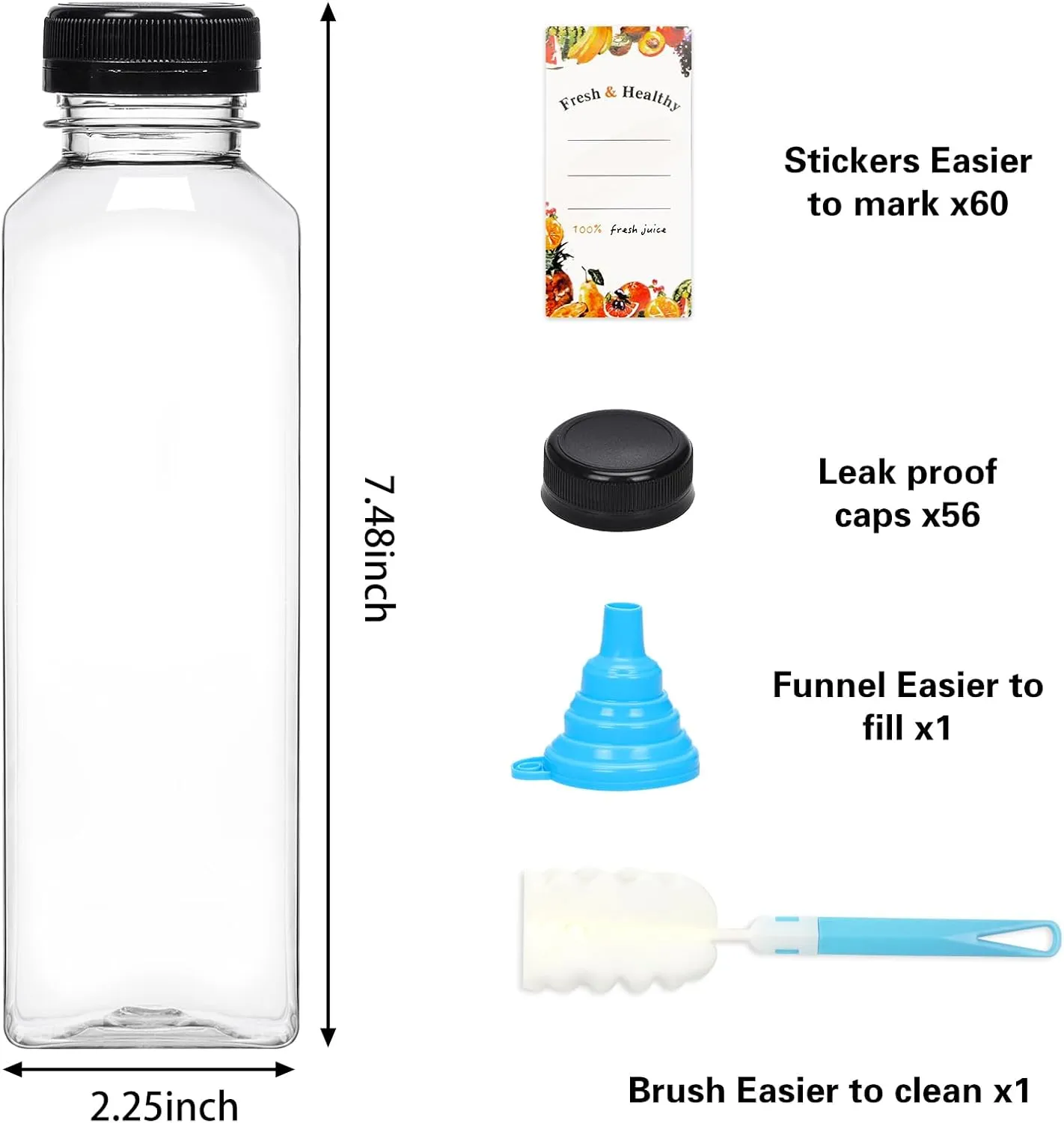 Moretoes 56pcs 16oz Plastic Juice Bottles with Caps, Clear Empty Reusable Containers with Brush Funnel and Labels for Coffee Smoothies Ginger and Other Beverages