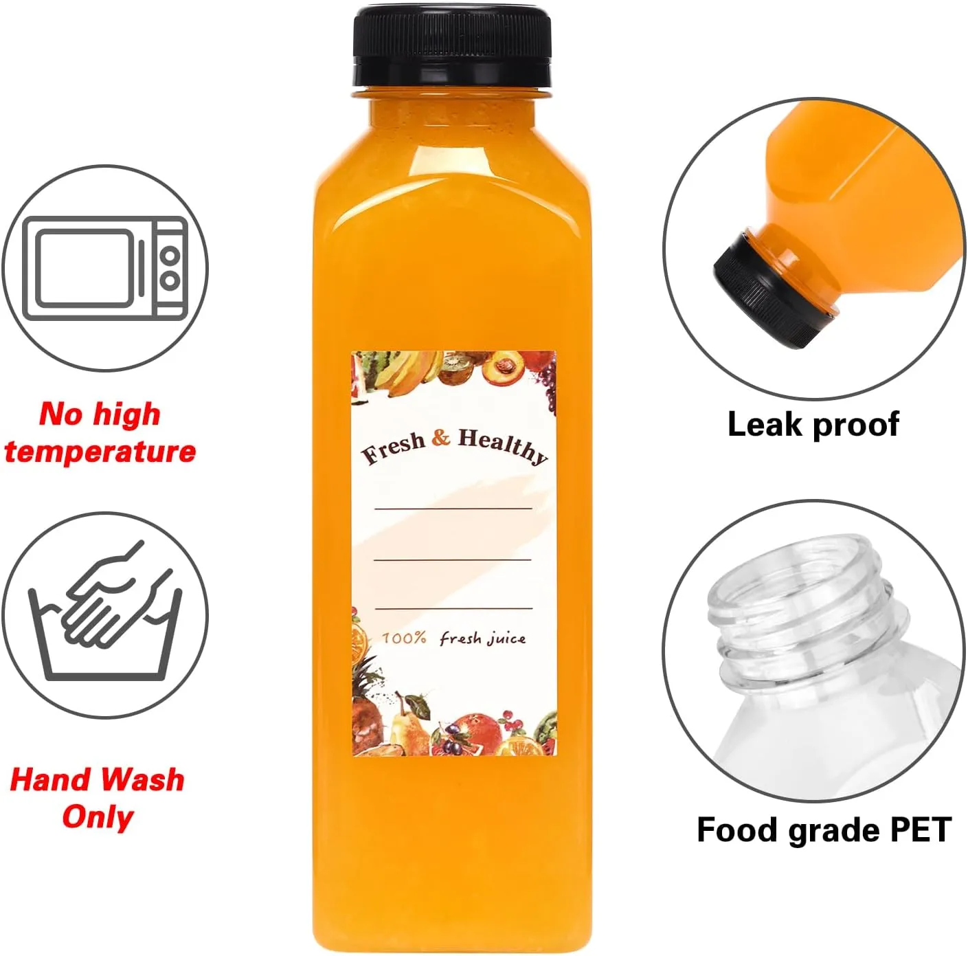 Moretoes 56pcs 16oz Plastic Juice Bottles with Caps, Clear Empty Reusable Containers with Brush Funnel and Labels for Coffee Smoothies Ginger and Other Beverages