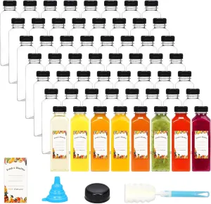 Moretoes 56pcs 16oz Plastic Juice Bottles with Caps, Clear Empty Reusable Containers with Brush Funnel and Labels for Coffee Smoothies Ginger and Other Beverages