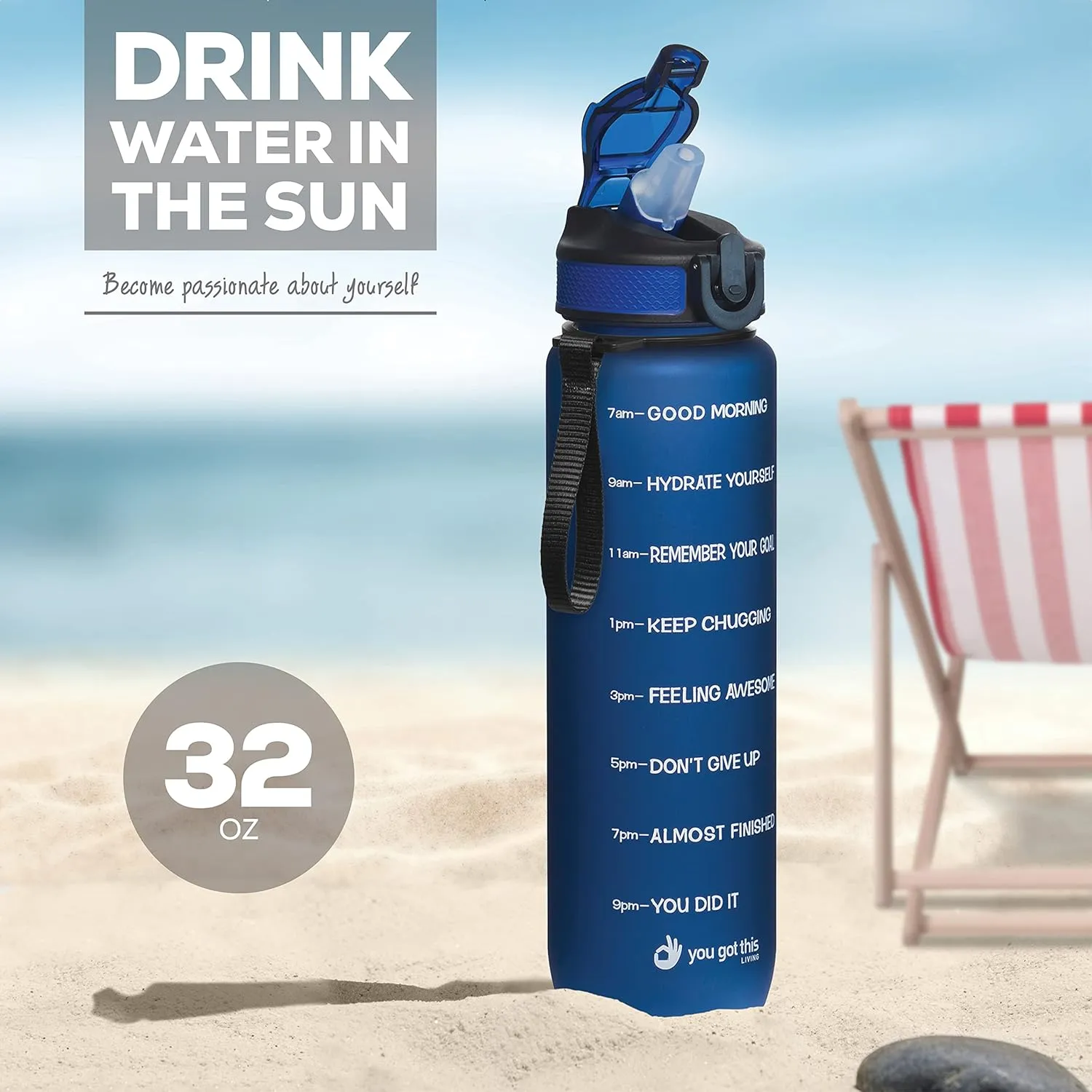 Motivational Water Bottle with Time Marker, 32 oz Water Bottle, Sports Water Bottle with Spout, Achieve All-Day Hydration SpillProof, BPA FREE