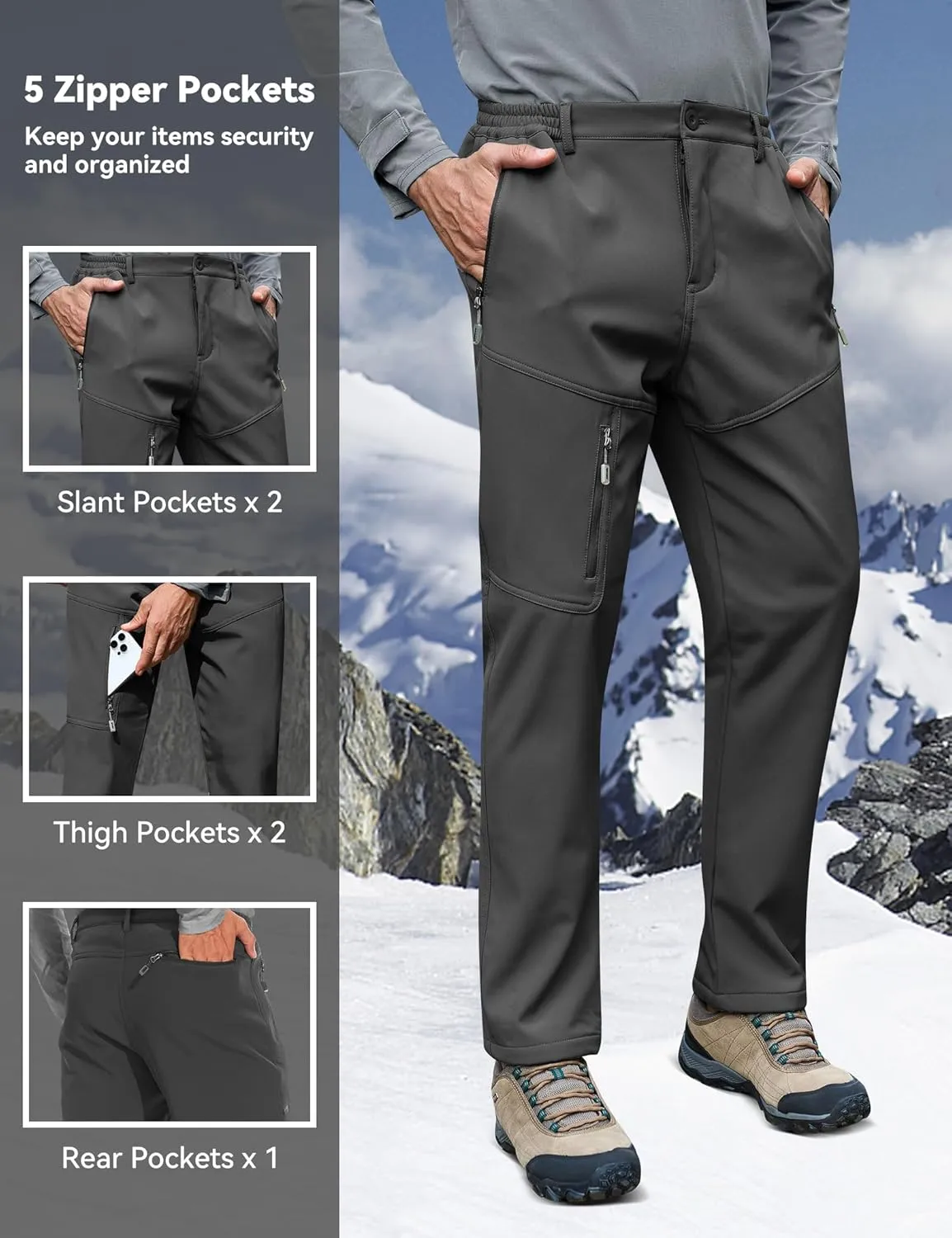 MOURCE Fleece Lined Hiking Pants Men - Waterproof Softshell Outdoor Ski Snow Cargo Pants with Zipper Pockets