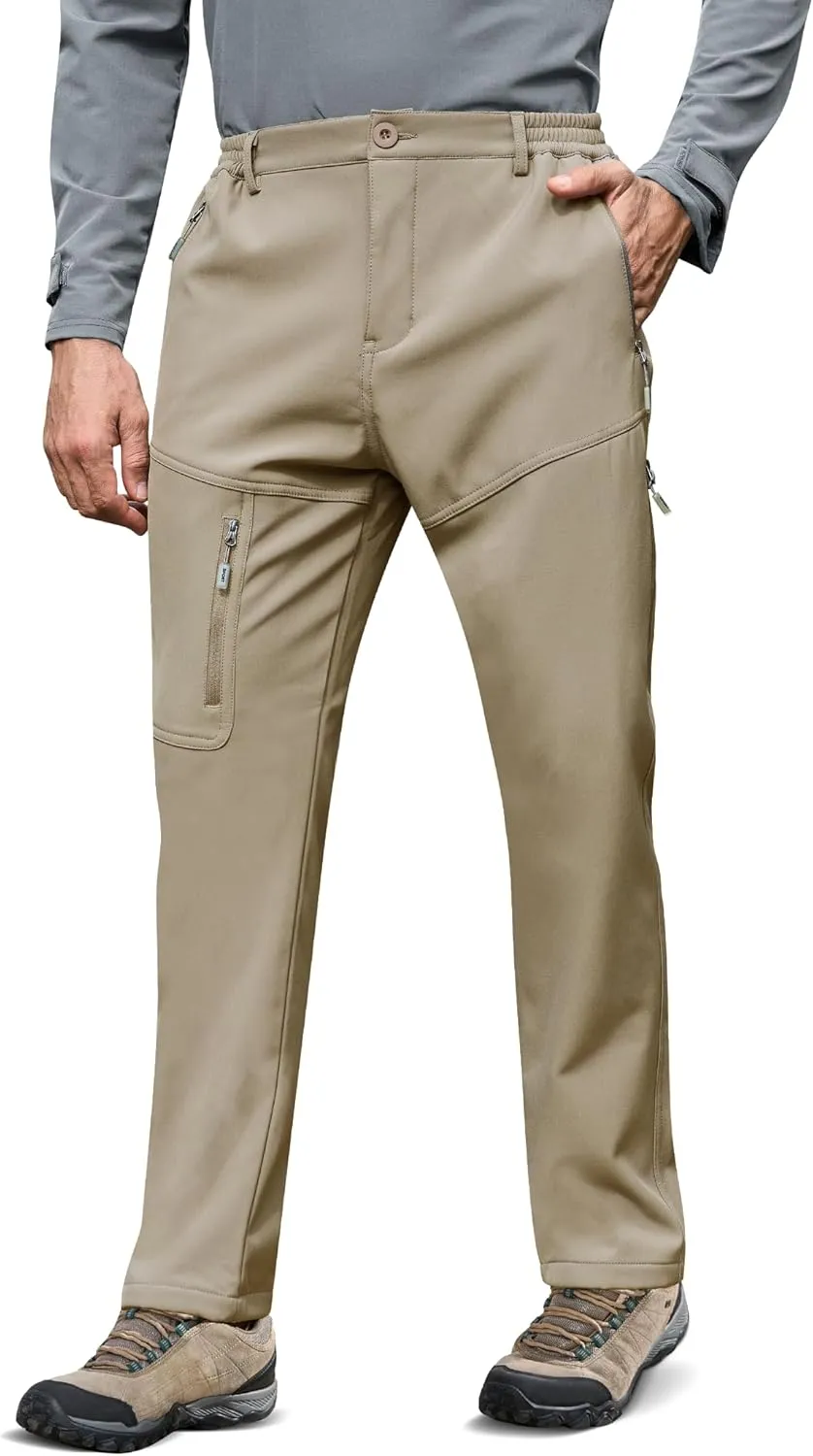 MOURCE Fleece Lined Hiking Pants Men - Waterproof Softshell Outdoor Ski Snow Cargo Pants with Zipper Pockets