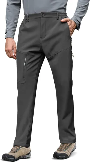 MOURCE Fleece Lined Hiking Pants Men - Waterproof Softshell Outdoor Ski Snow Cargo Pants with Zipper Pockets