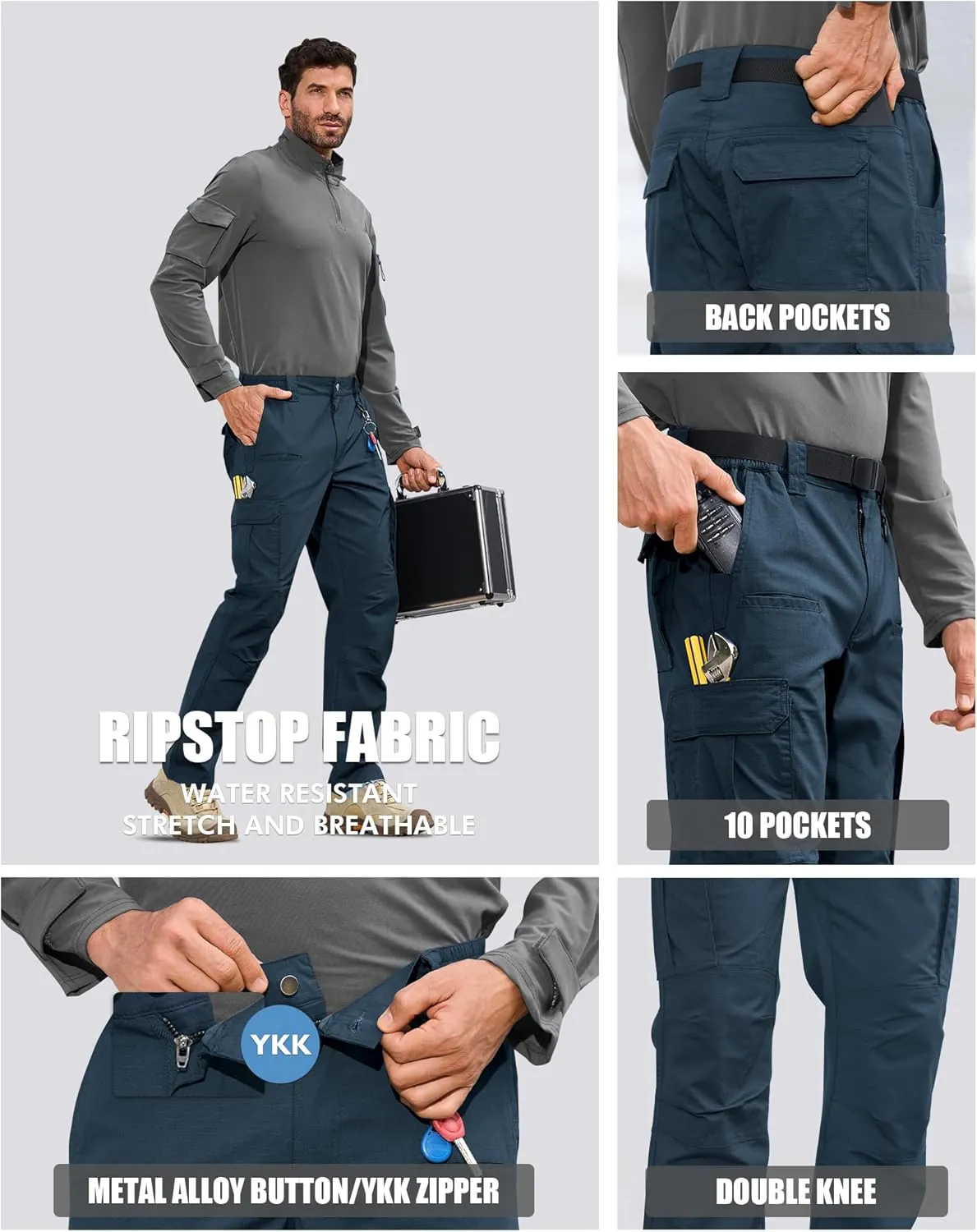 MOURCE Mens Cargo Work Pants, Ripstop Stretch Tactical Pants, Outdoor Water Resistant Hiking Pants (No Belt)