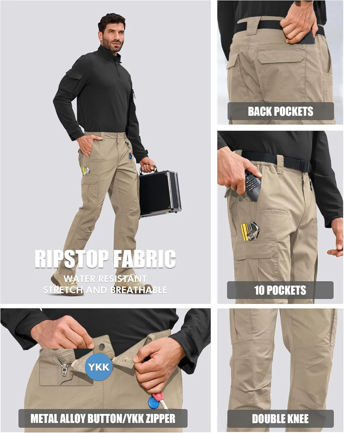 MOURCE Mens Cargo Work Pants, Ripstop Stretch Tactical Pants, Outdoor Water Resistant Hiking Pants (No Belt)