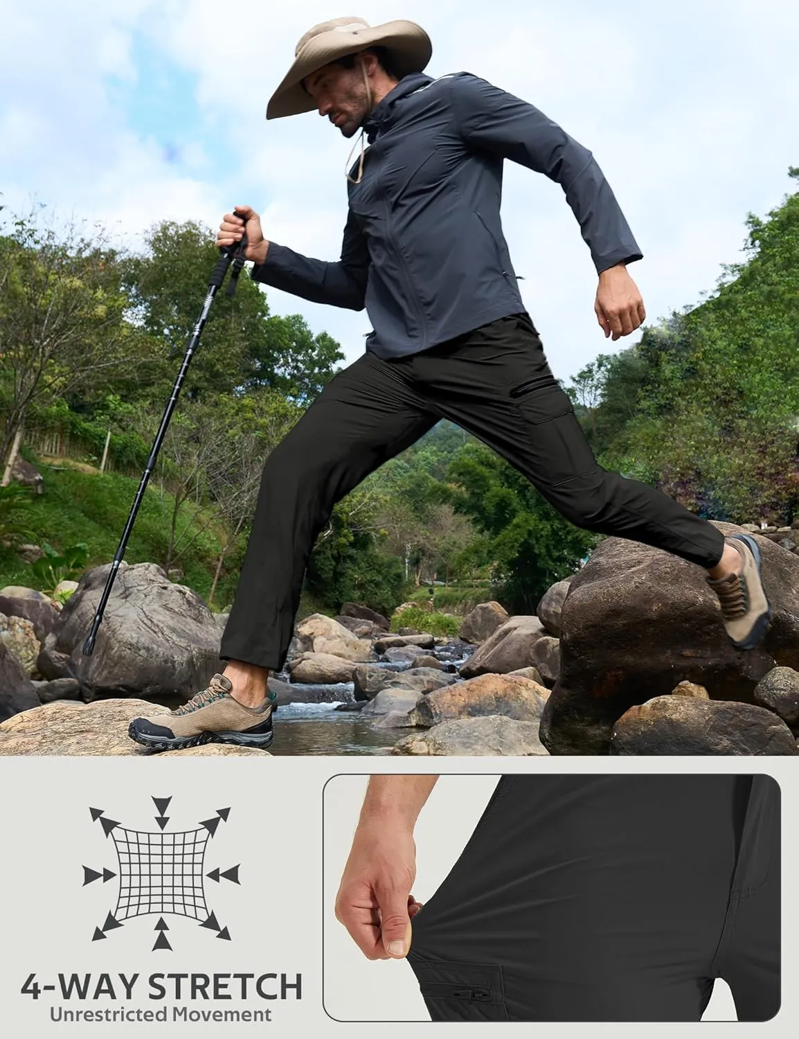 MOURCE Mens Hiking Pants Lightweight - Quick Dry Water Resistant Travel Pants with 7 Pockets for Camping Fishing Outdoor