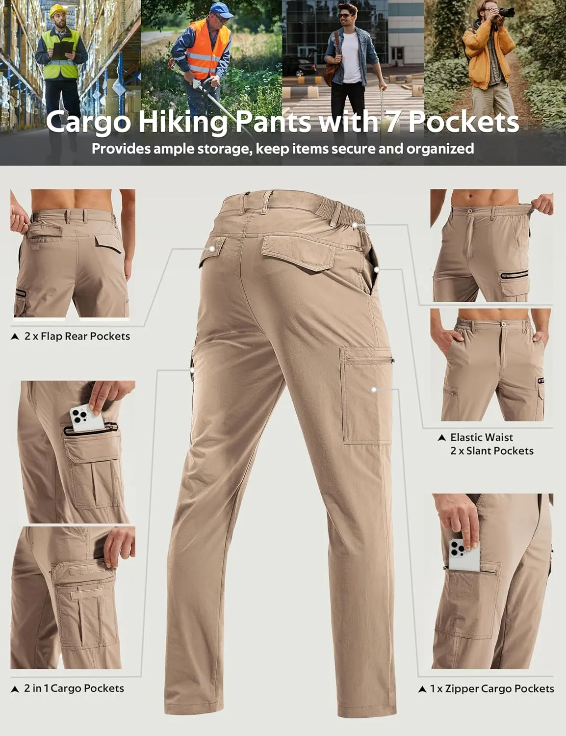 MOURCE Mens Hiking Pants Lightweight - Quick Dry Water Resistant Travel Pants with 7 Pockets for Camping Fishing Outdoor