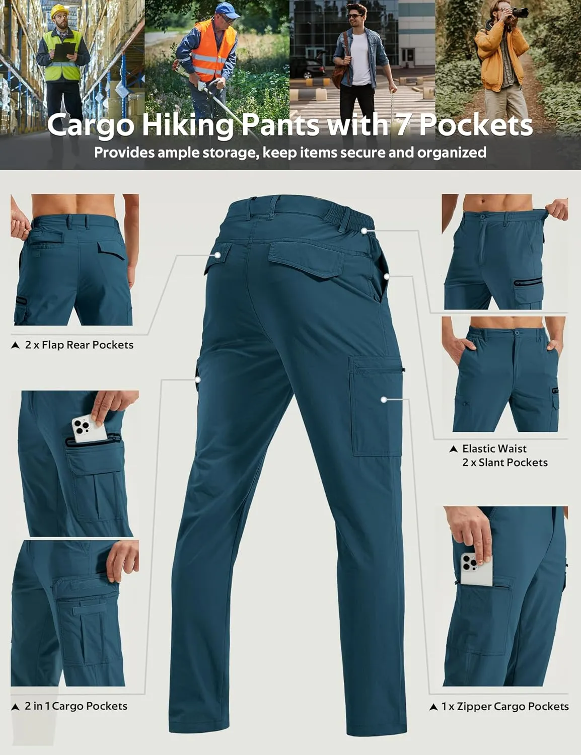 MOURCE Mens Hiking Pants Lightweight - Quick Dry Water Resistant Travel Pants with 7 Pockets for Camping Fishing Outdoor