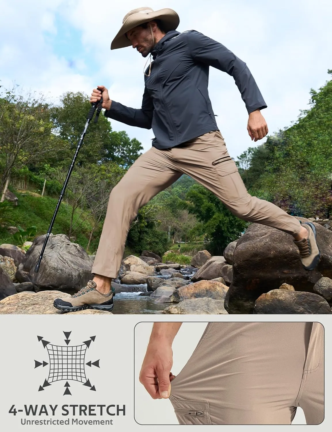 MOURCE Mens Hiking Pants Lightweight - Quick Dry Water Resistant Travel Pants with 7 Pockets for Camping Fishing Outdoor
