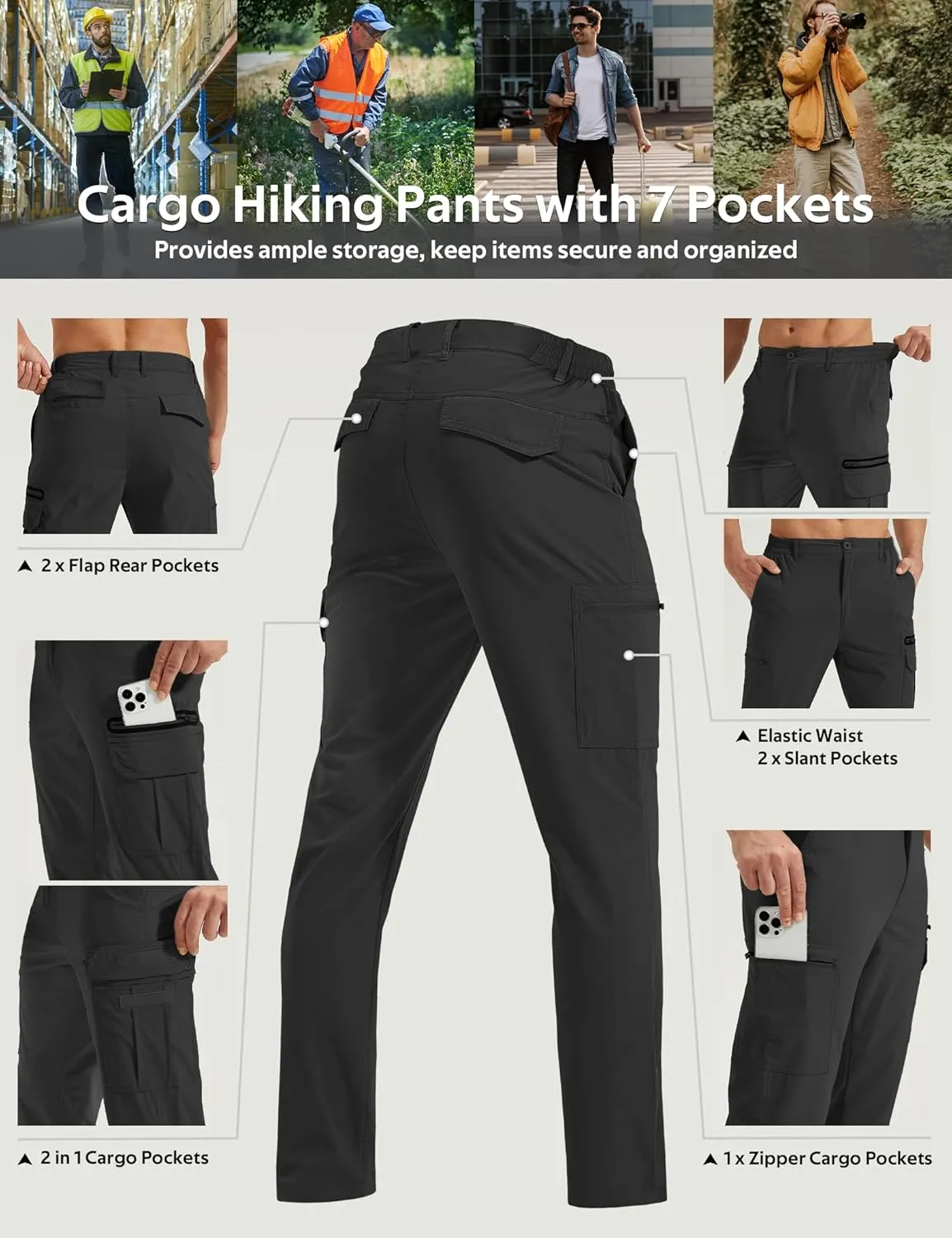 MOURCE Mens Hiking Pants Lightweight - Quick Dry Water Resistant Travel Pants with 7 Pockets for Camping Fishing Outdoor
