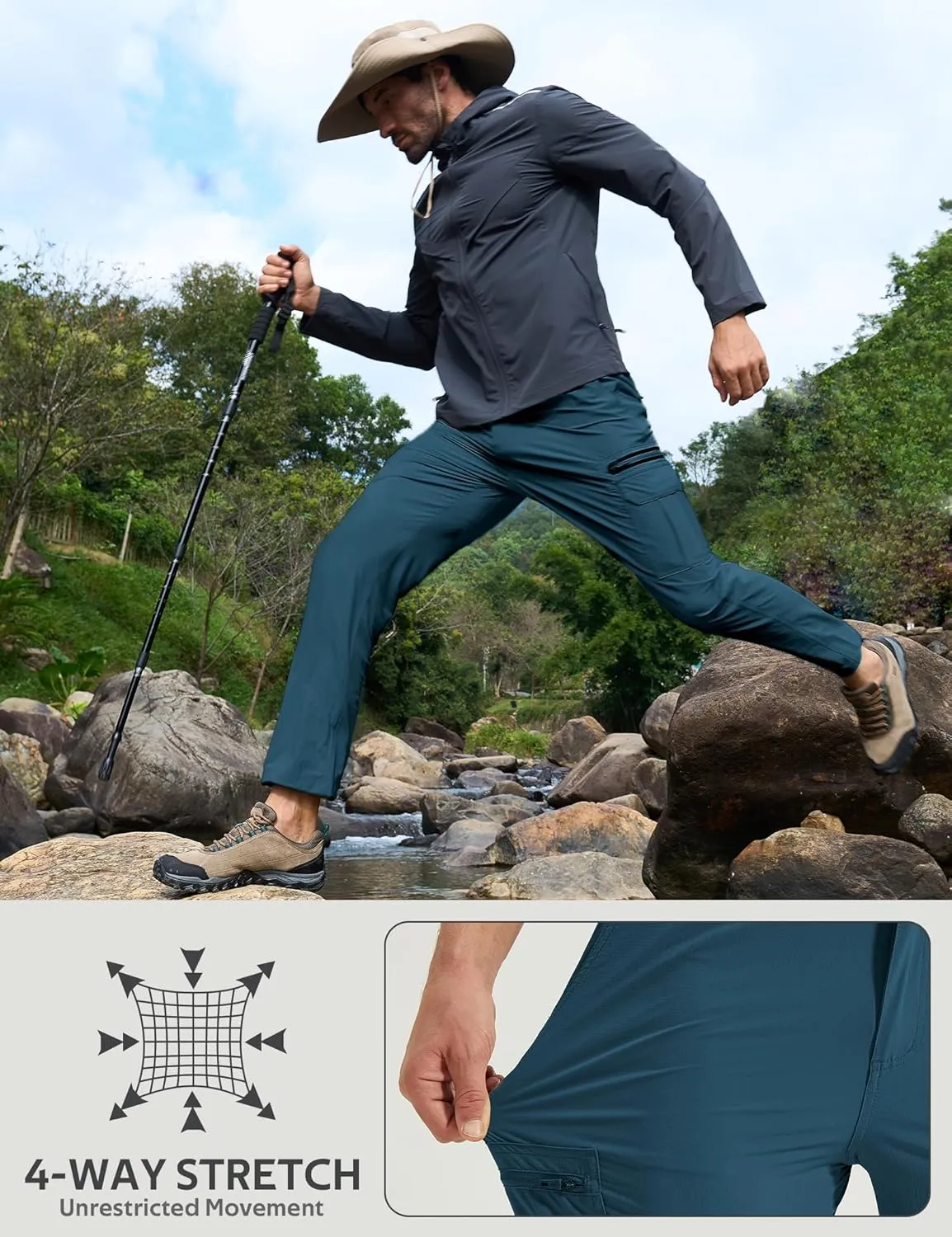 MOURCE Mens Hiking Pants Lightweight - Quick Dry Water Resistant Travel Pants with 7 Pockets for Camping Fishing Outdoor