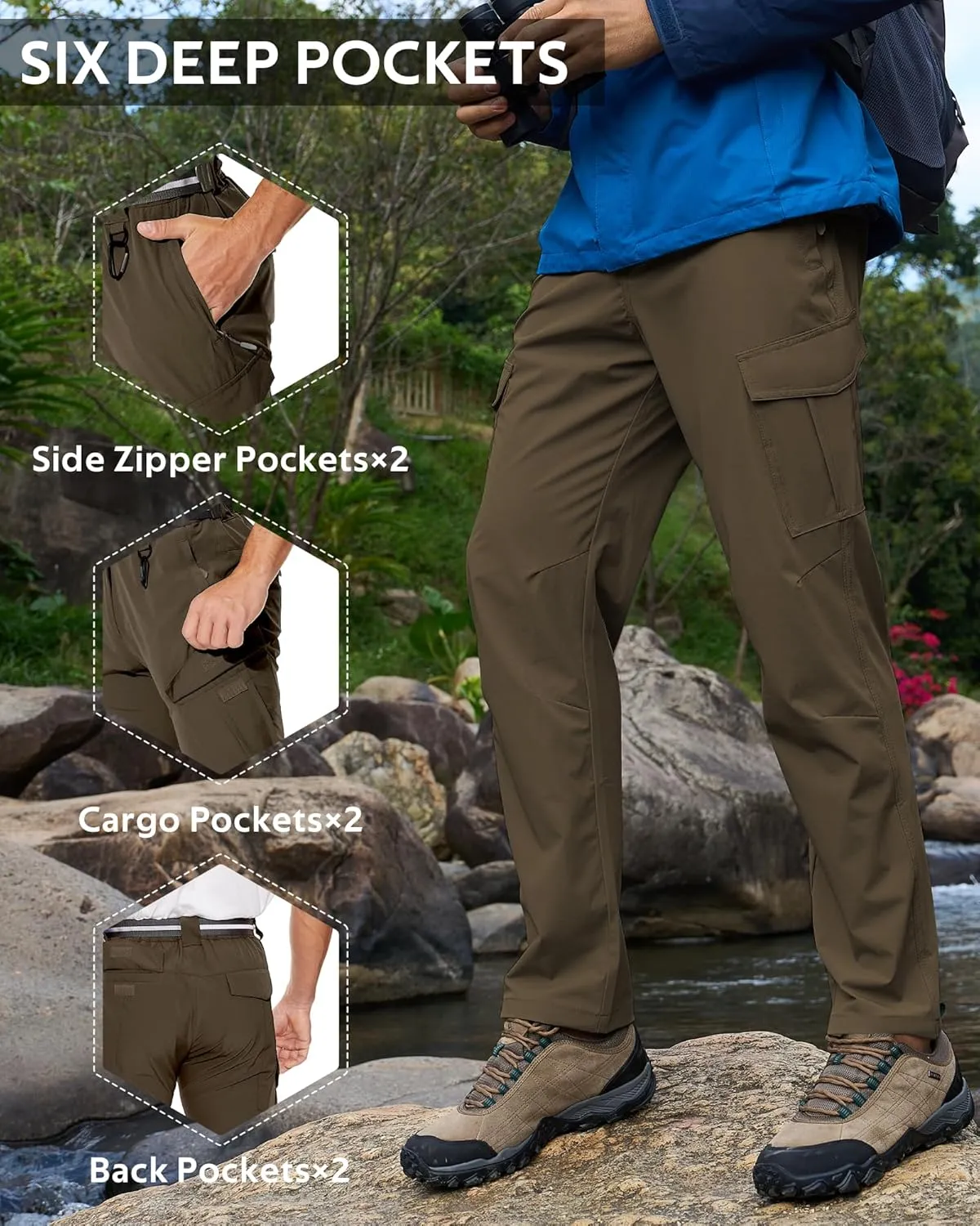 MOURCE Men's Hiking Pants Outdoor Water Resistant Flex Ripstop Cargo Pants Quick Dry Lightweight Fit Pants 6 Pockets and Belt