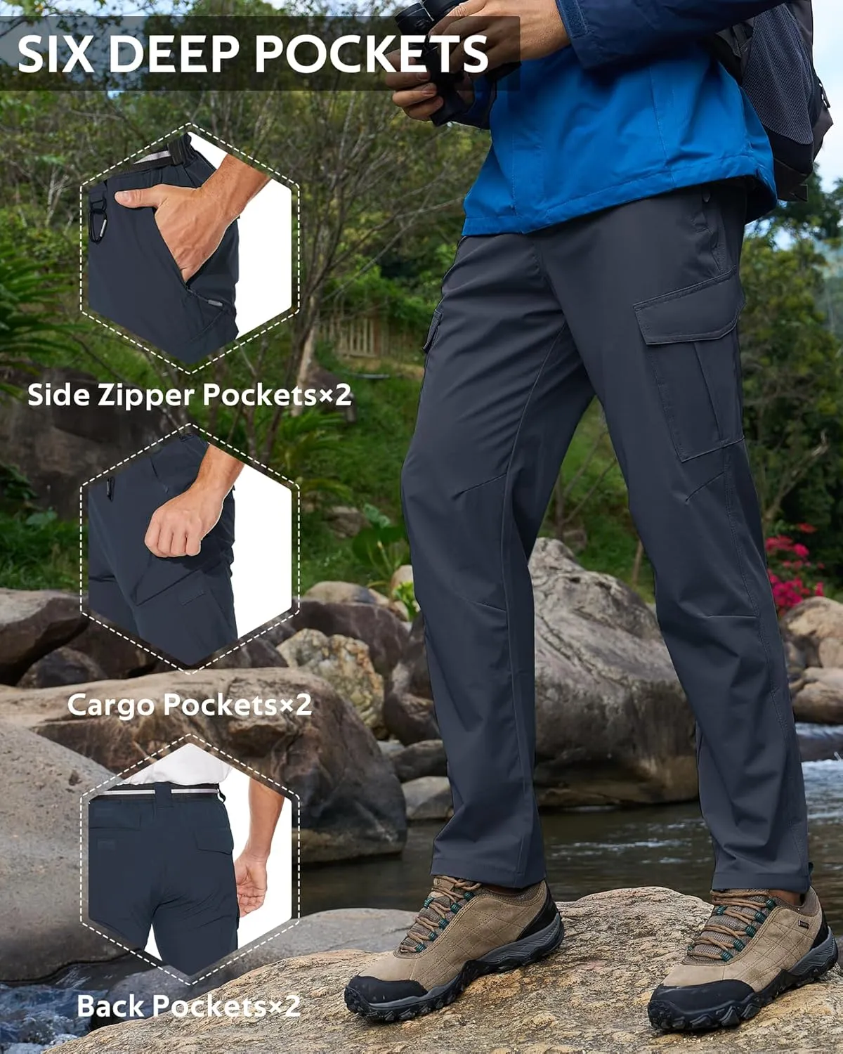 MOURCE Men's Hiking Pants Outdoor Water Resistant Flex Ripstop Cargo Pants Quick Dry Lightweight Fit Pants 6 Pockets and Belt