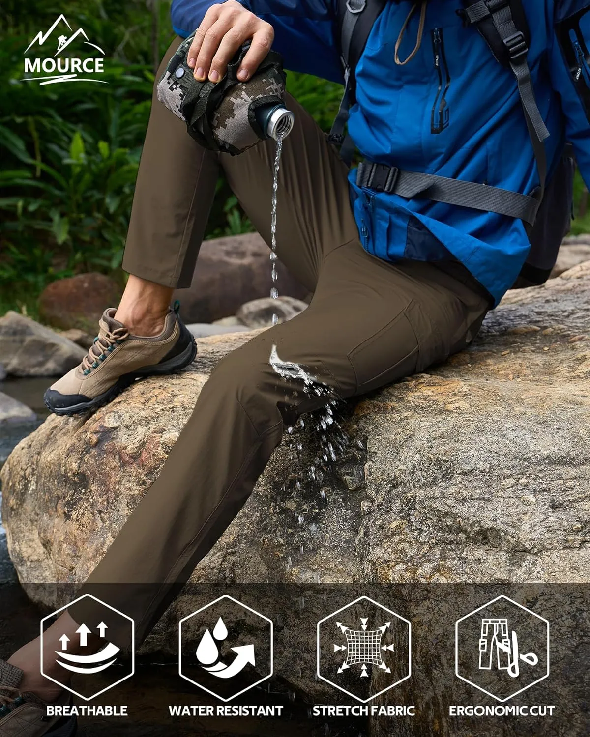 MOURCE Men's Hiking Pants Outdoor Water Resistant Flex Ripstop Cargo Pants Quick Dry Lightweight Fit Pants 6 Pockets and Belt