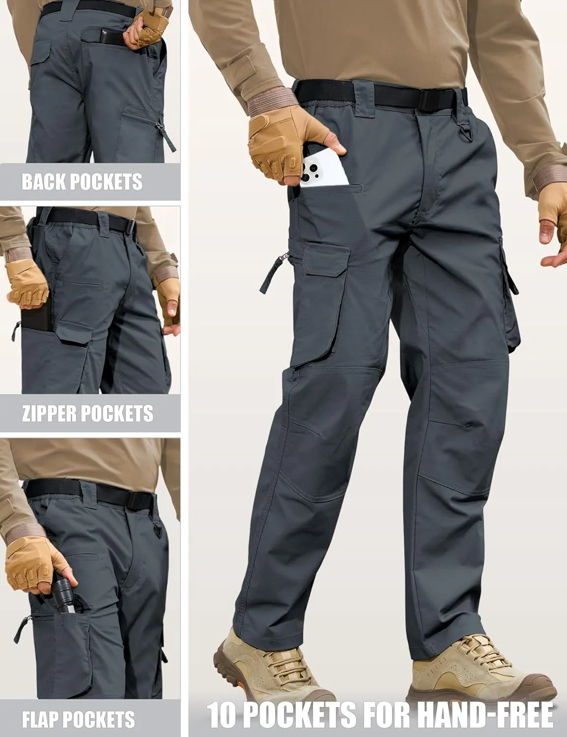 MOURCE Men's Tactical Pants Ripstop - Water-Resistant Lightweight Cargo Work Hiking Pants with 10 Pockets for Outdoor & EDC