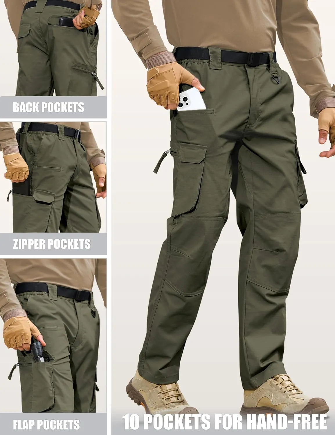 MOURCE Men's Tactical Pants Ripstop - Water-Resistant Lightweight Cargo Work Hiking Pants with 10 Pockets for Outdoor & EDC