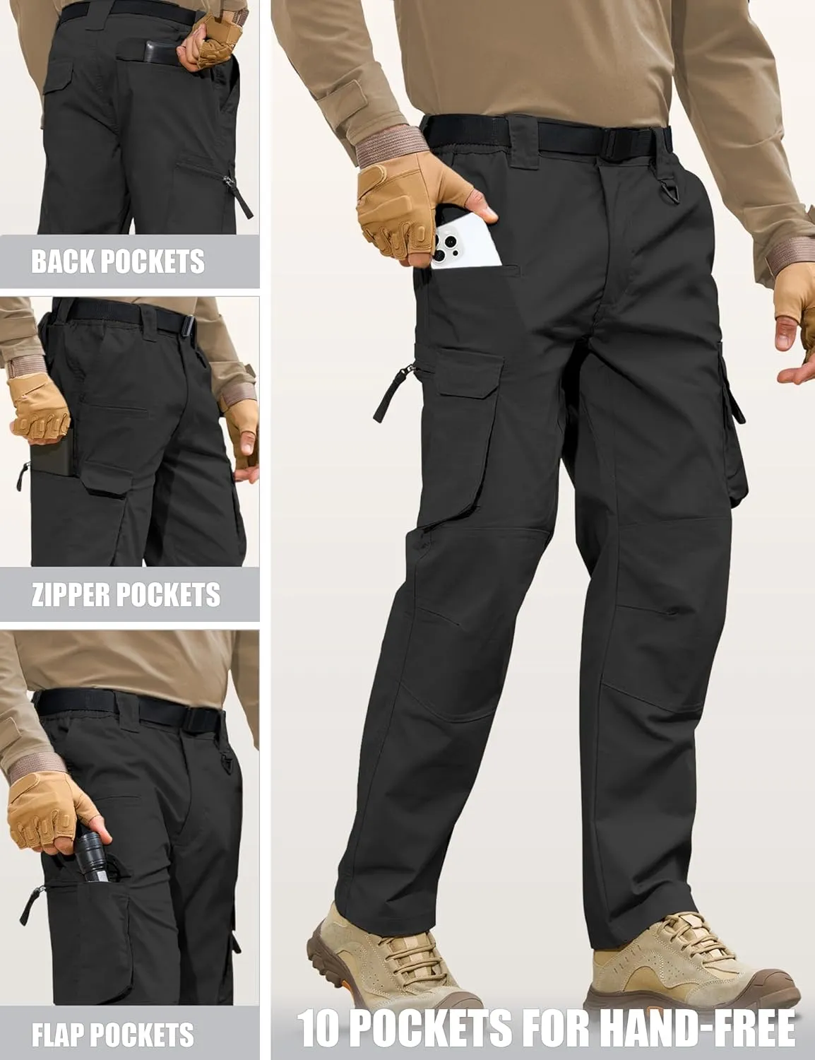 MOURCE Men's Tactical Pants Ripstop - Water-Resistant Lightweight Cargo Work Hiking Pants with 10 Pockets for Outdoor & EDC
