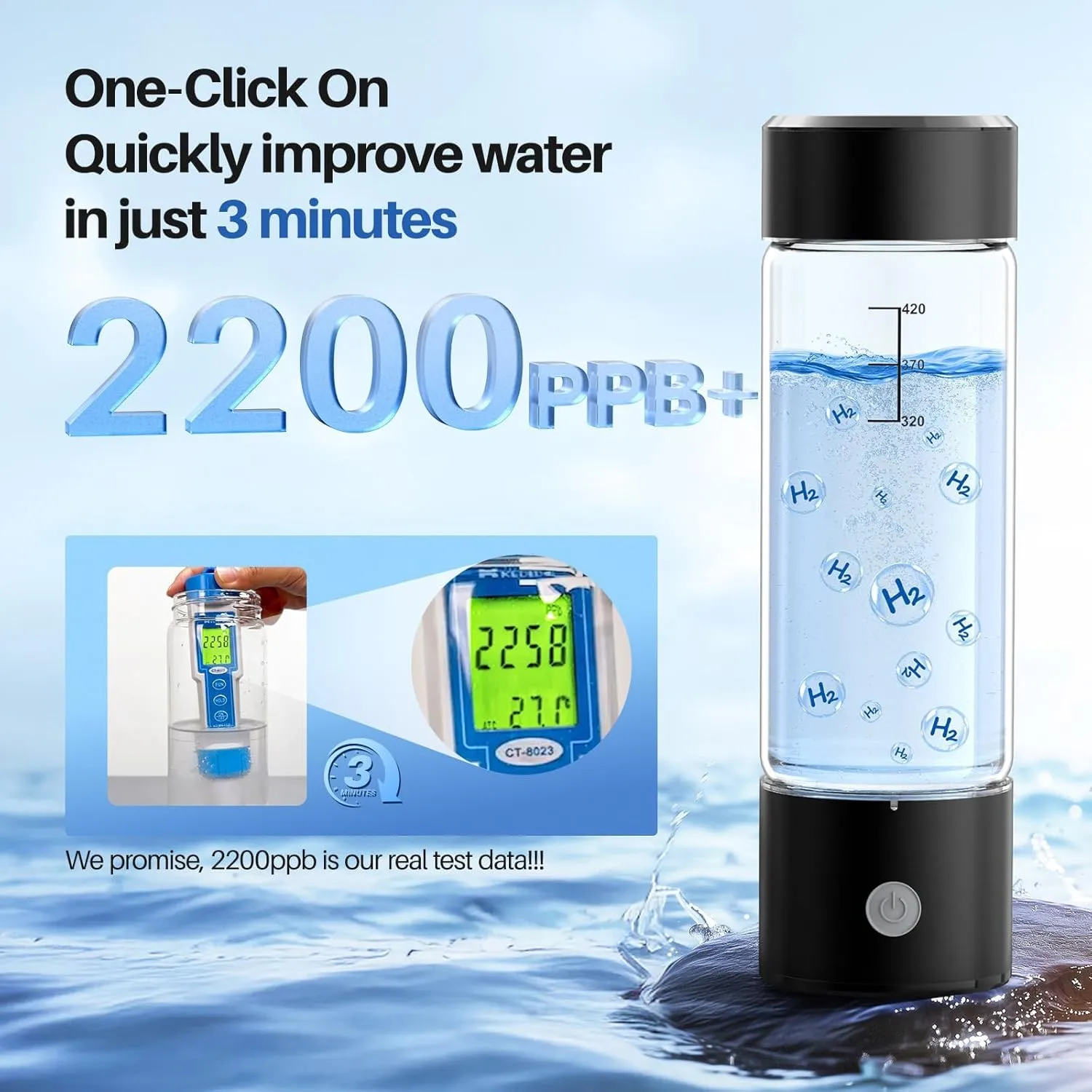 MOVOVA Upgrade Hydrogen Water Bottle, 3Min 2200PPB Rapid Hydrogen Water Generator -SPE PEM Tech, 14OZ Portable Hydro Water Machine, Health Care Gifts for Husband, Wife, Family, Friends, Travel