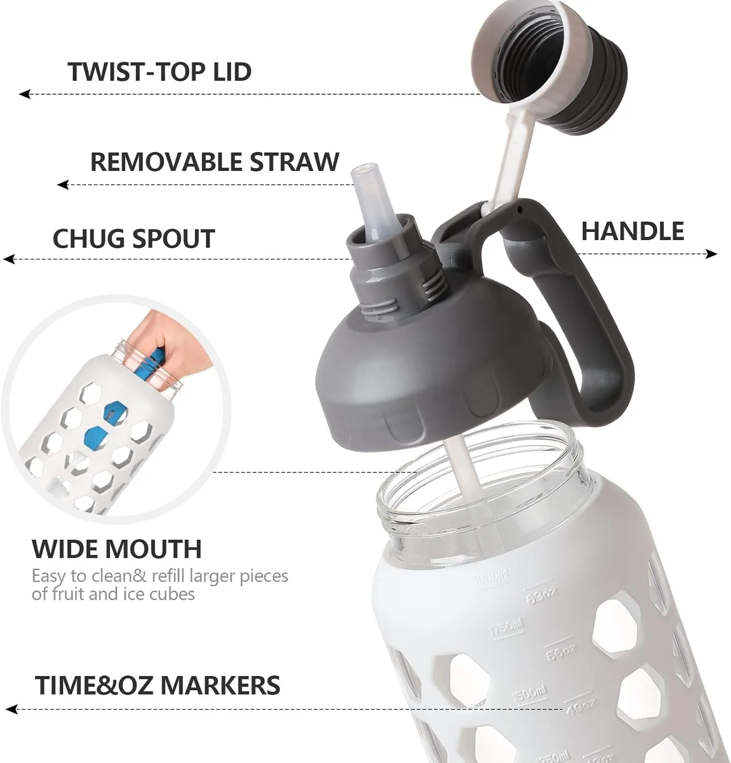 MUKOKO 64 Oz Glass Water Bottles, Half Gallon Water Bottle With Straw And Silicone Sleeve Wide Mouth Leakproof Reusable Water Jug With Time Marker And Handle For Gym, Outdoor, BPA Free,White