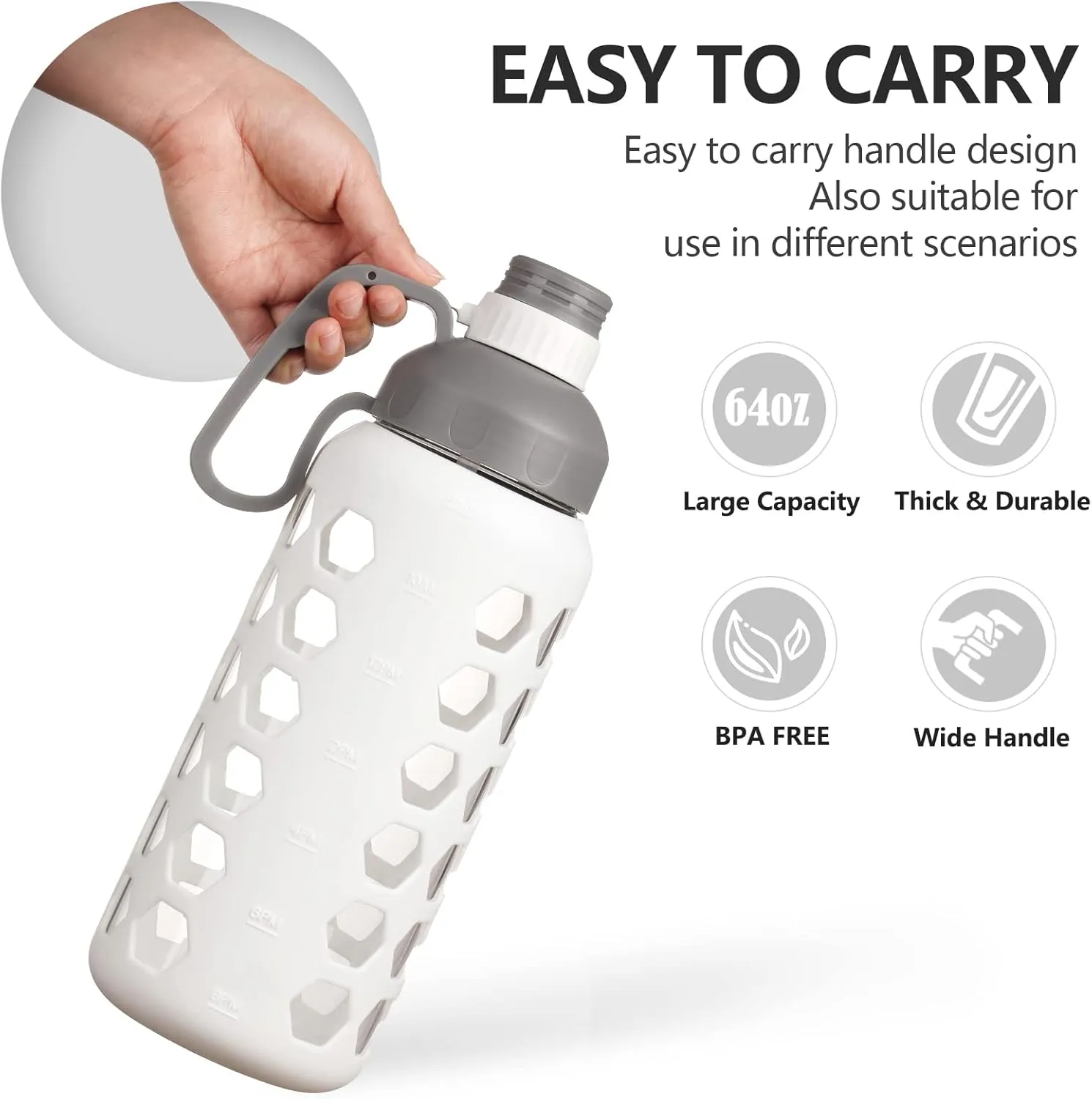 MUKOKO 64 Oz Glass Water Bottles, Half Gallon Water Bottle With Straw And Silicone Sleeve Wide Mouth Leakproof Reusable Water Jug With Time Marker And Handle For Gym, Outdoor, BPA Free,White